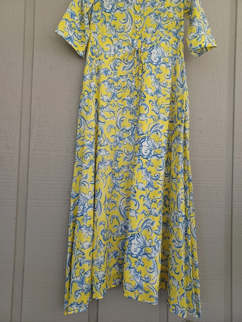 Tory Burch Printed Cotton Maxi Dress Size S Women Pocket Drawstring Resortwear